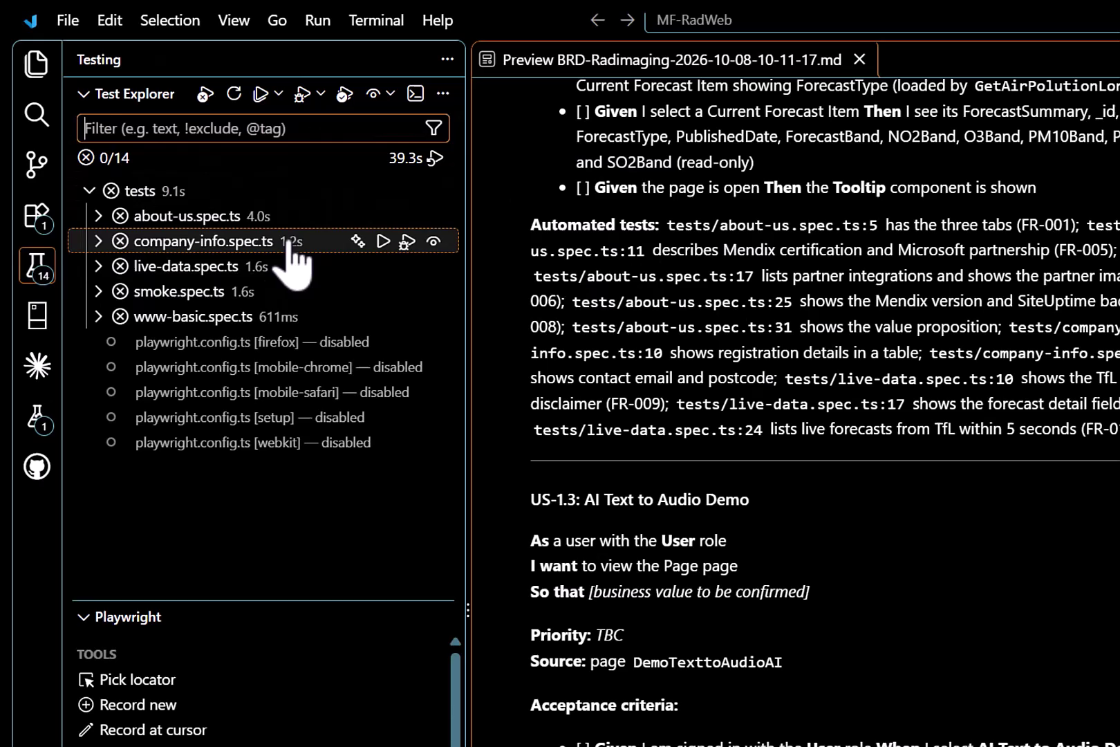 VS Code showing the MendixWright Playwright suite in Test Explorer alongside a generated BRD, with user stories and acceptance criteria linked to test files and line numbers.